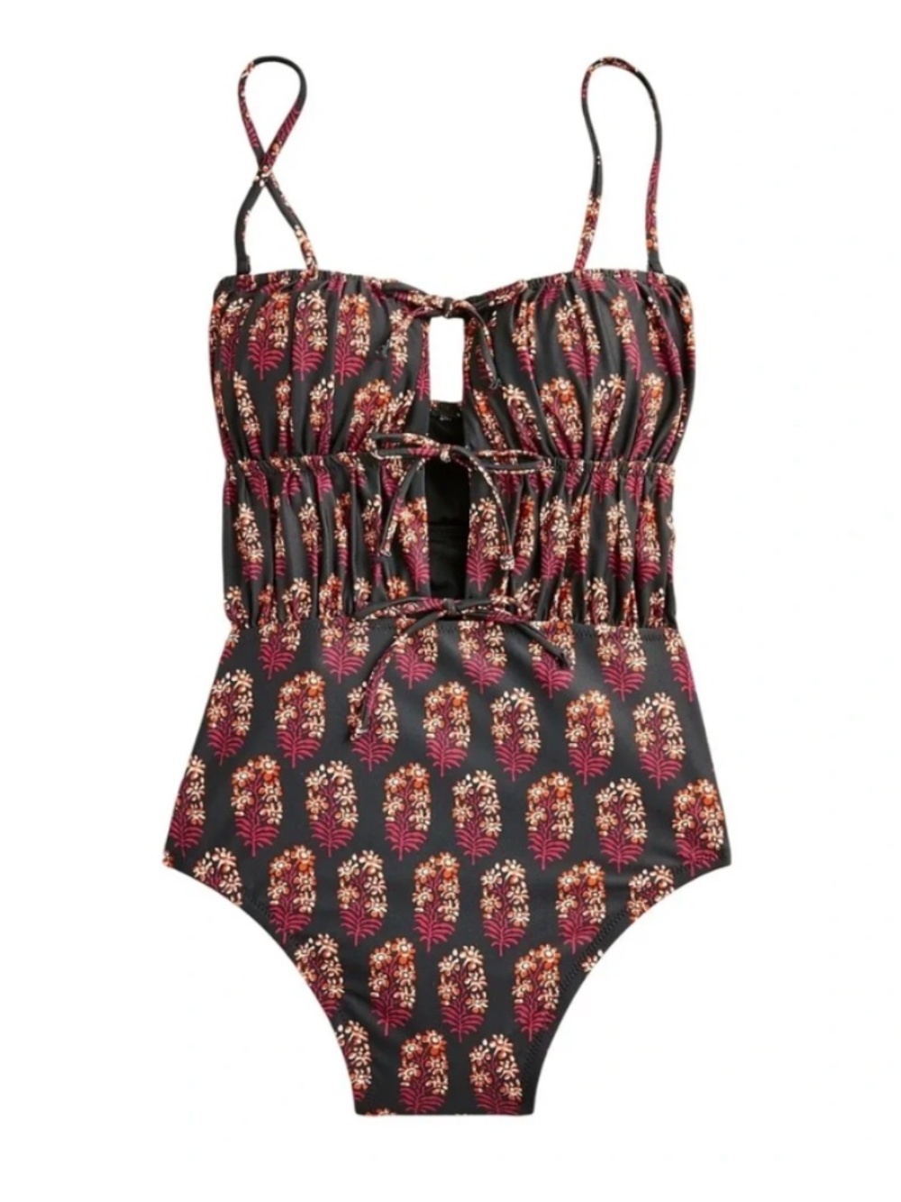 J.Crew Ruched Cutout One-Piece Swimsuit Cocoa Block Print CA862 Size 10 NWT